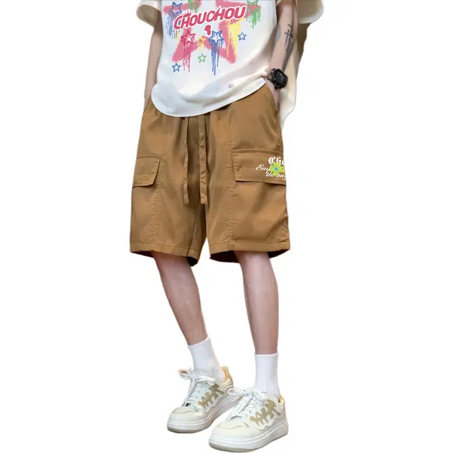 周同学 周杰伦 港风复古简约高街美拉德色系设计感花卉刺绣字母印花宽松百搭休闲直筒阔腿五分大口袋工装短裤 男女同款