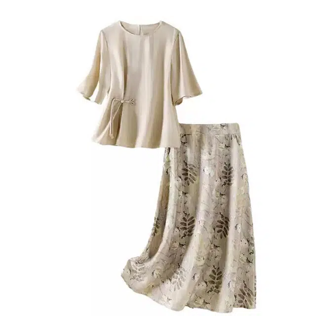 潞优野 新中式纯色百搭短袖宽松时尚半身裙裙装套装 女款