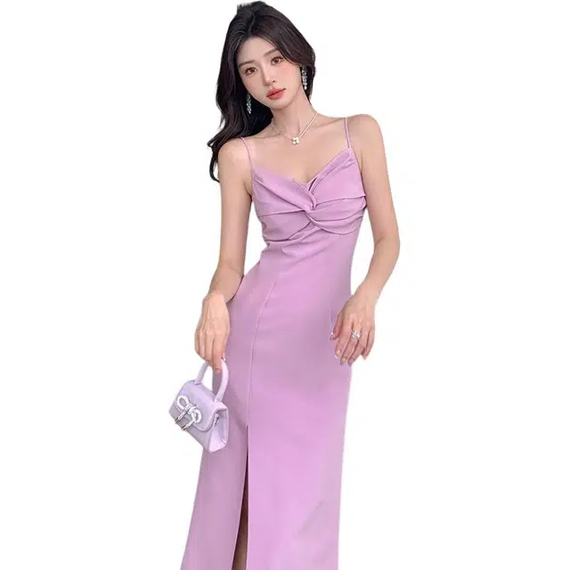 黛尔佳人 收腰剪裁开衩直筒中长裙婚礼轻礼服吊带连衣裙 女款