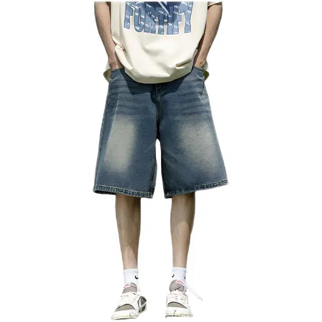 木木兔 男士夏季短裤美式潮流百搭男生裤子简约宽松中裤直筒水洗五分裤夏天牛仔裤 男款