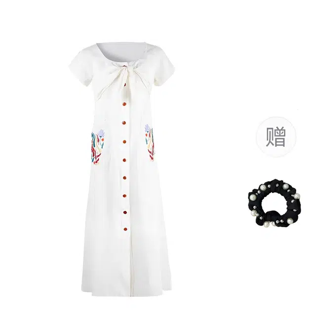 雾闪闪 法式复古单排扣大方得体收腰显瘦裙子短袖连衣裙 女款