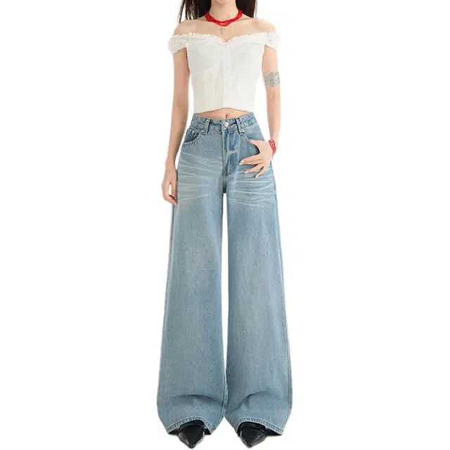 水中花 阔腿裤薄款高腰显瘦垂感宽松牛仔裤 女款