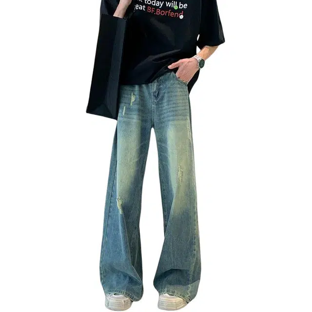 宝米卡 美式复古水洗做旧小众设计感慵懒宽松阔腿裤拖地裤垂感牛仔裤 男女同款