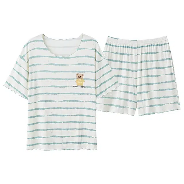 俏韵 圆领夏季款莫代尔简约带胸垫套头短袖短裤家居服可外穿睡衣套装 女款