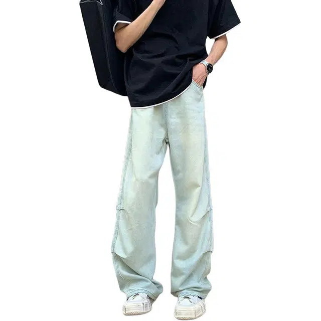 宝米卡 美式怀旧宽松高腰褶皱拖地裤子牛仔裤 男女同款