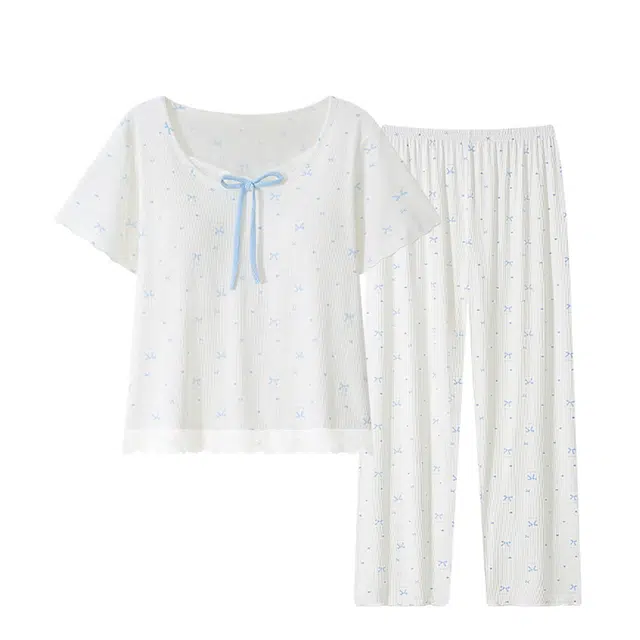 俏韵 圆领夏季莫代尔甜美蝴蝶结简约休闲带胸垫舒适家居服可外穿睡衣套装 女款