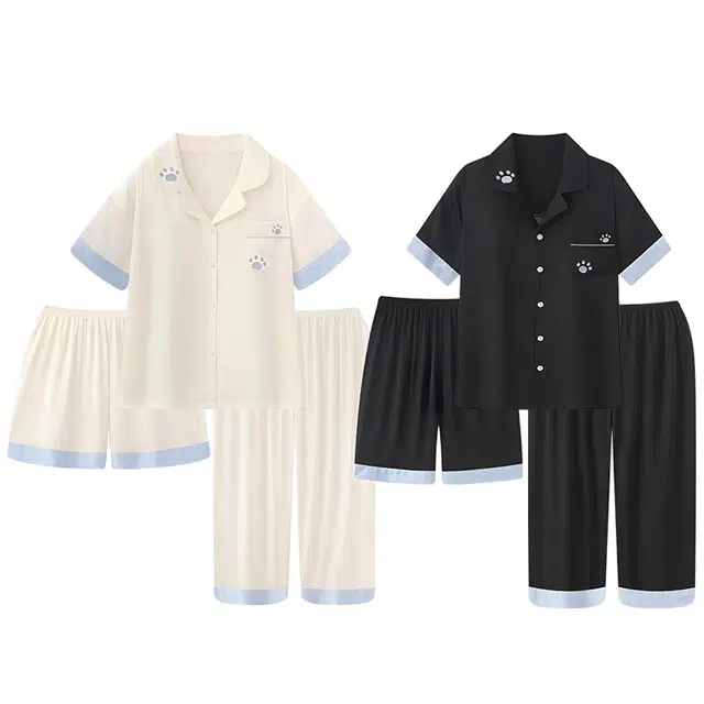 俏韵 翻领卡通夏季冰丝薄款短袖长裤三件套大码家居服可外穿睡衣套装 男女同款