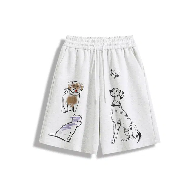 欧路得 创意手绘涂鸦小狗夏季潮牌大码宽松情侣阔腿五分裤休闲短裤 男女同款
