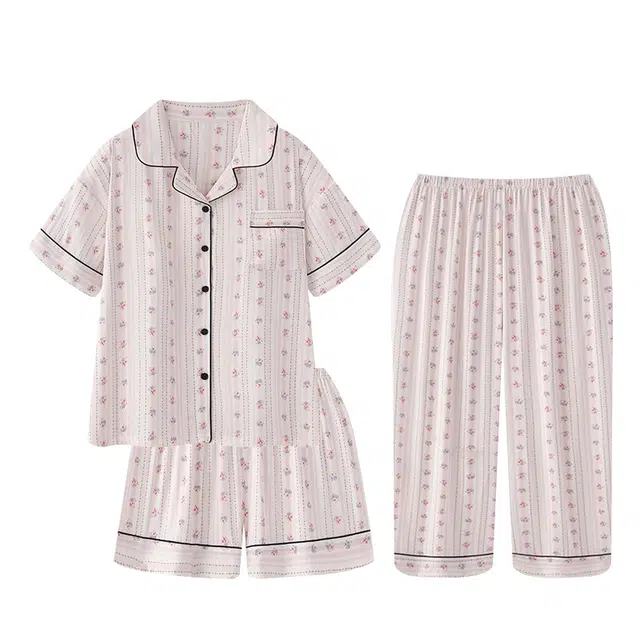 俏韵 甜美冰丝高级感带胸垫短袖三件套凉感翻领家居服睡衣套装 女款