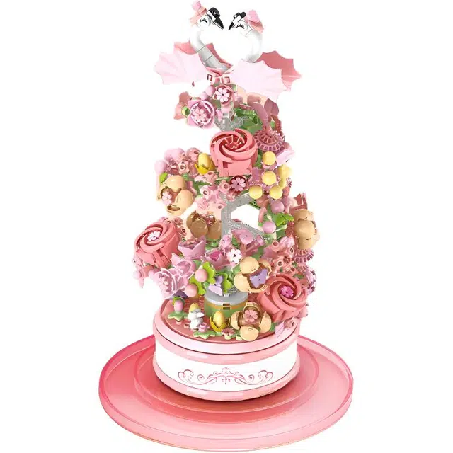 一合鸽 灯光天鹅旋转花音乐盒组装拼插玩具 拼装模型