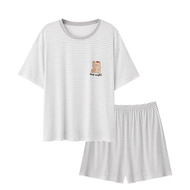 俏韵 圆领夏季莫代尔简约带胸垫套头短袖短裤家居服可外穿睡衣套装 女款