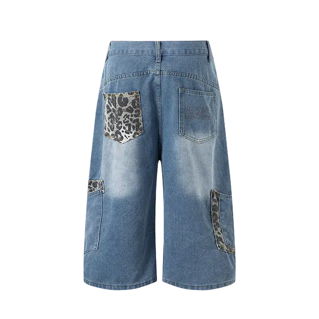 拓菲 水洗豹纹拼接口袋弯刀七分裤美式复古嘻哈宽松阔腿短裤 男女同款