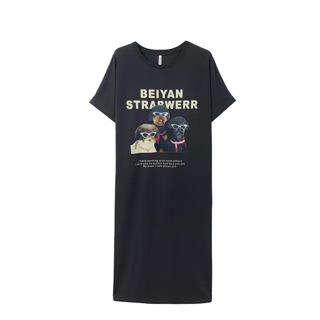 贝妍 薄款短袖可爱卡通小狗中长款连衣夏季睡裙 女款