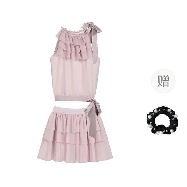 雾闪闪 花边设计绑带背心上衣短裙裙装套装 女款