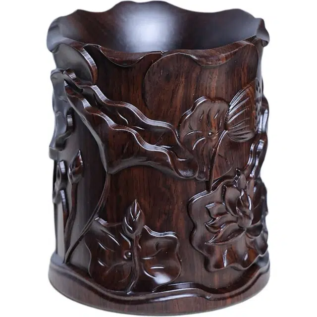 得笙陌 荷花雕刻书房桌面摆件新中式国潮大号实木 黑檀 笔筒 男女同款情侣款