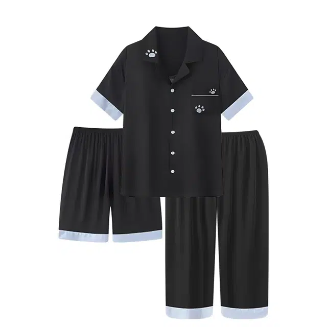 俏韵 翻领卡通夏季冰丝薄款短袖长裤三件套大码家居服可外穿睡衣套装 男女同款