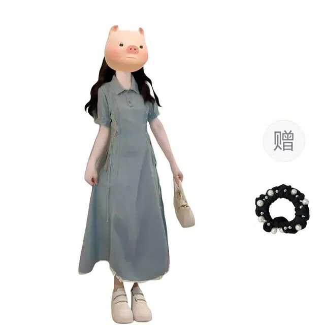 雾闪闪 设计感绑带牛仔收腰长裙子短袖连衣裙 女款