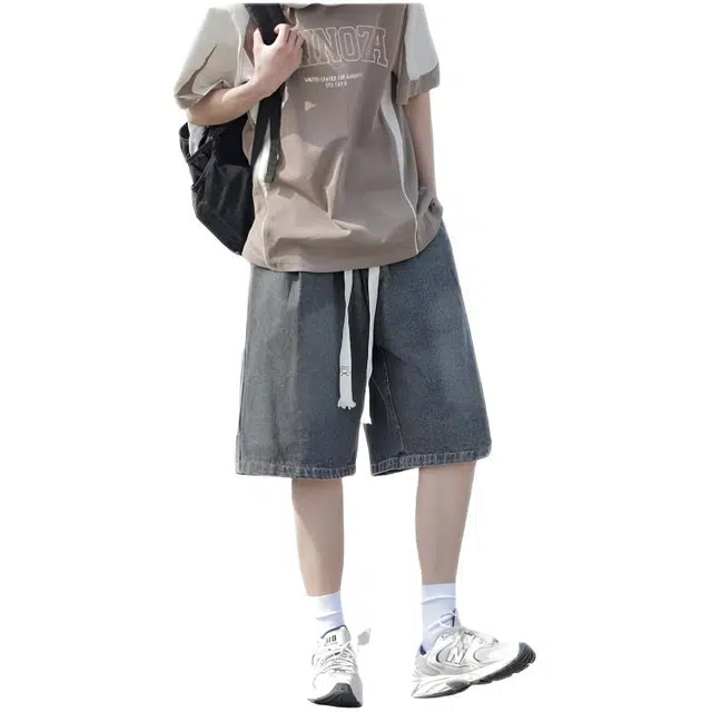 木木兔 男士夏季短裤美式潮流百搭男生裤子简约宽松日系复古工装裤直筒水洗五分裤夏天牛仔裤 男款