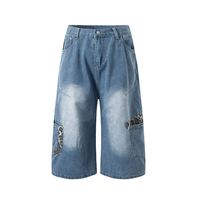 拓菲 水洗豹纹拼接口袋弯刀七分裤美式复古嘻哈宽松阔腿短裤 男女同款