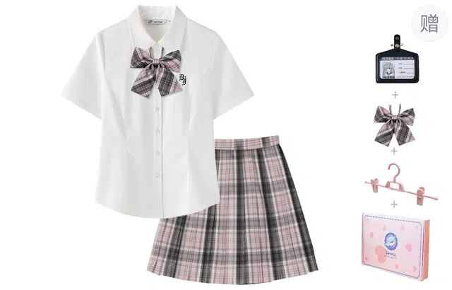 东鲸岁时记 学院风简约设计修身收腰显瘦短袖刺绣衬衫百褶裙裙装套装 女款