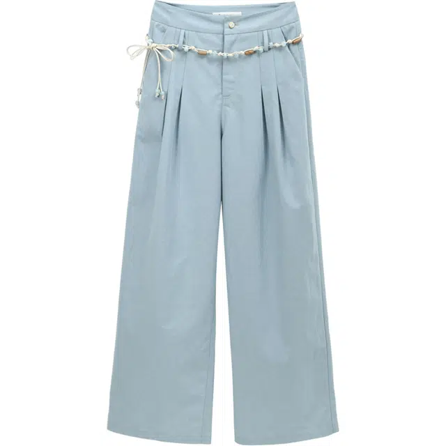 谜秀 撞色串珠腰带棉混纺宽松通勤长裤休闲裤 女款