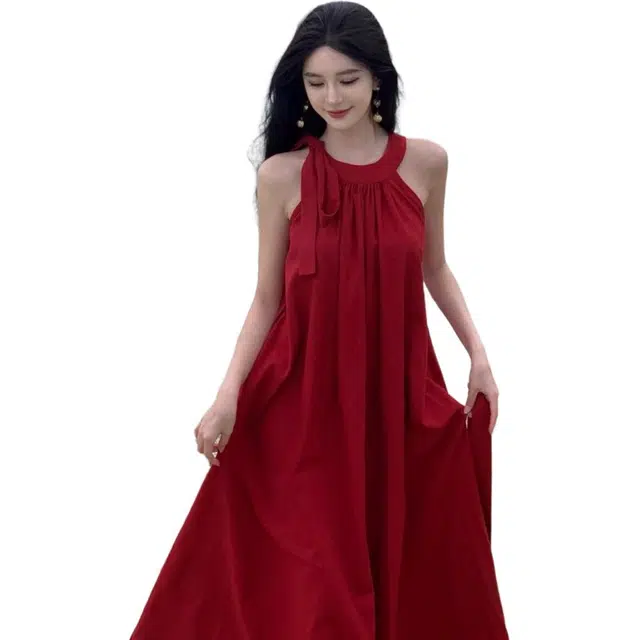 思蓓儿 度假风挂脖海边度假氛围感长裙无袖连衣裙 女款