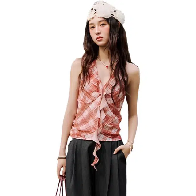谜秀 露背荷叶边显瘦格子无袖法式背心 女款
