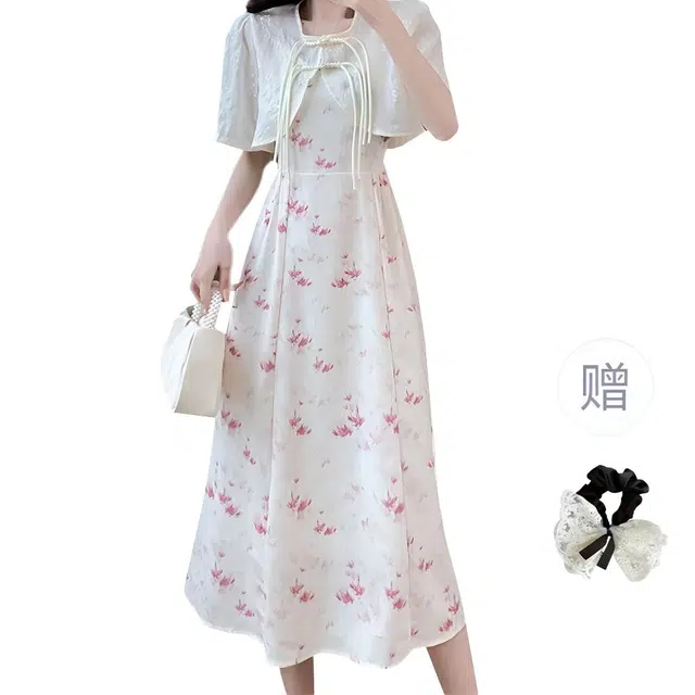 涂诗菲 新中式国风优雅甜美碎花吊带无袖连衣裙短款开衫披肩盘扣裙装套装 女款