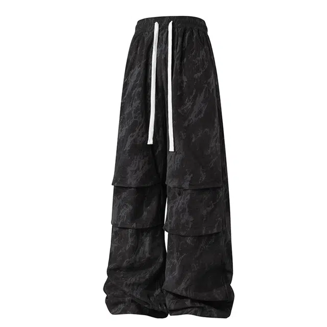 顶峰保罗 扎染速干高街阔腿无性别主义长裤宽松松紧腰透气褶皱百搭弹力潮牌休闲裤 男女同款