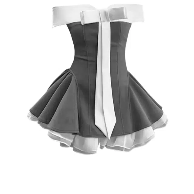 桴生 蝴蝶结撞色一字肩抹胸收腰公主裙子无袖连衣裙 女款