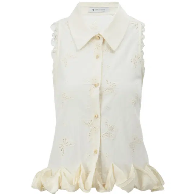 谜秀 蕾丝翻领镂空无袖短袖法式衬衫 女款