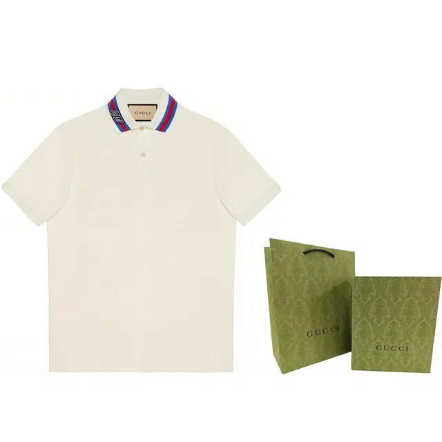 GUCCI Decorated Square Gg Pearl Cotton Polo Shirt T