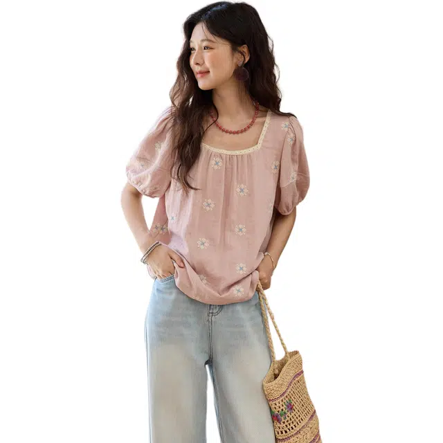 谜秀 粉色刺绣亚麻碎花常规短袖方领法式衬衫 女款