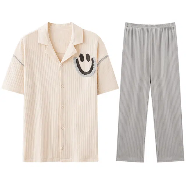 向薇 纯棉夏季短袖长裤青年男士夏天薄款家居服睡衣套装 男款