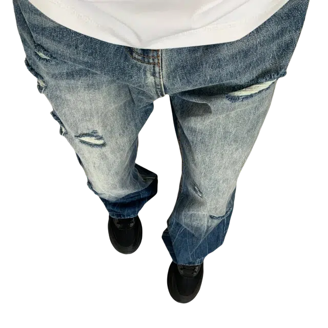 冈哉 美式复古高街破洞高级感潮牌水洗做旧阔腿拖地裤舒适透气直筒宽松通勤休闲牛仔裤 男女同款