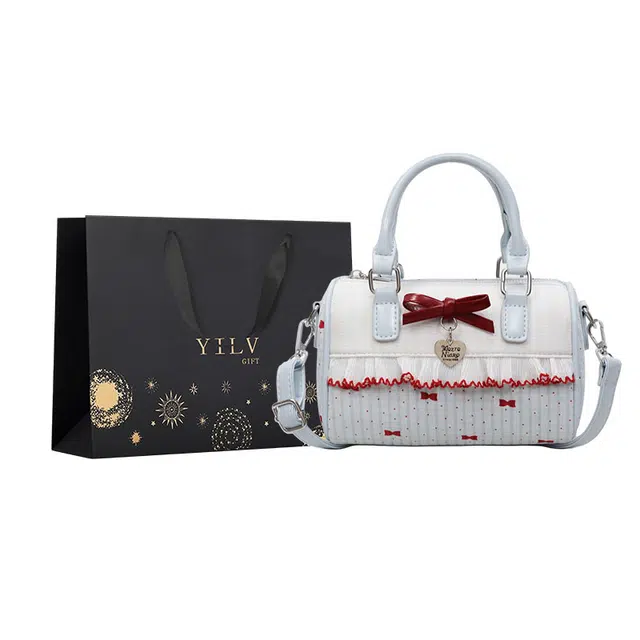 奕旅 时尚百搭甜美蝴蝶结设计 布 波士顿包单肩斜挎手提包 女款 蓝色/白色