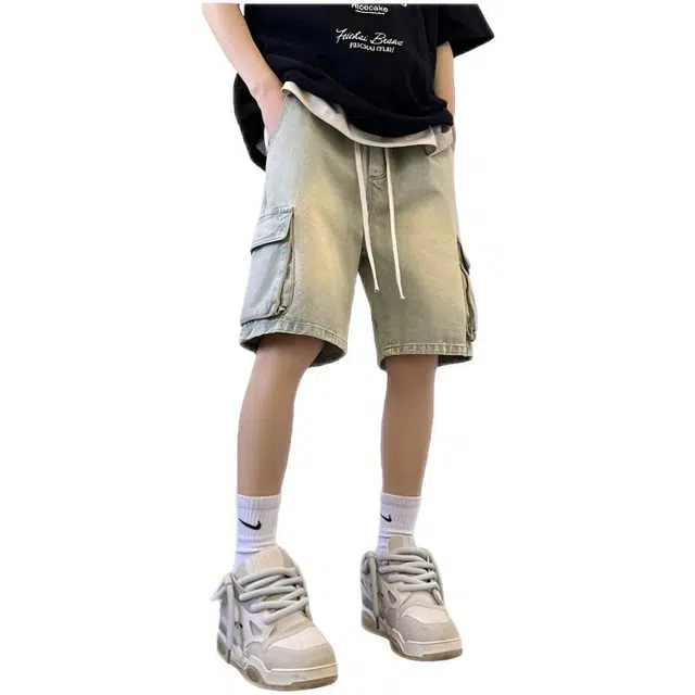 木木兔 港风运动中裤男士夏季短裤美式潮流百搭男生裤子简约宽松直筒水洗五分裤夏天牛仔裤 男款