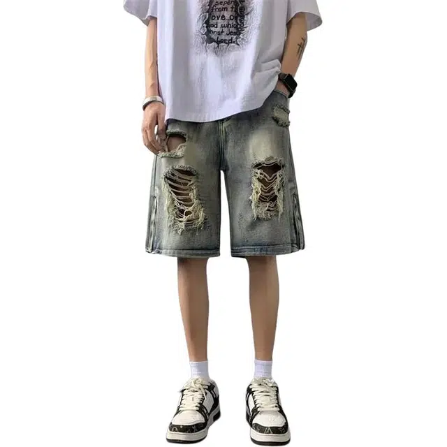 木木兔 美式拉链美式潮流百搭简约宽松直筒水洗五分裤牛仔短裤 男款