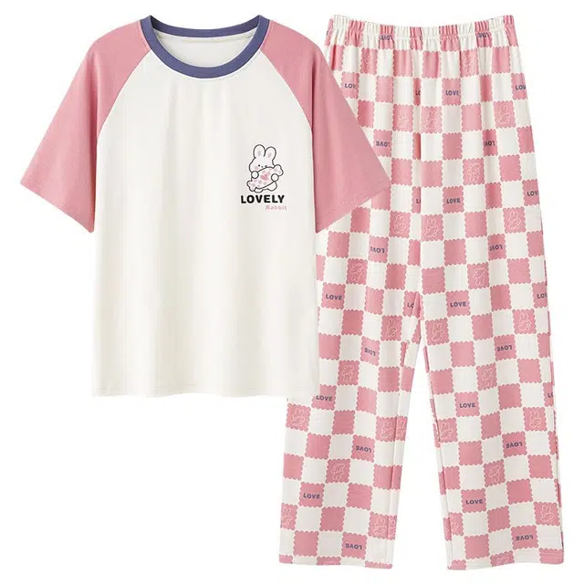 俏韵 圆领卡通夏季舒适纯棉短袖长裤带胸垫甜美薄款凉感家居服可外穿睡衣套装 女款