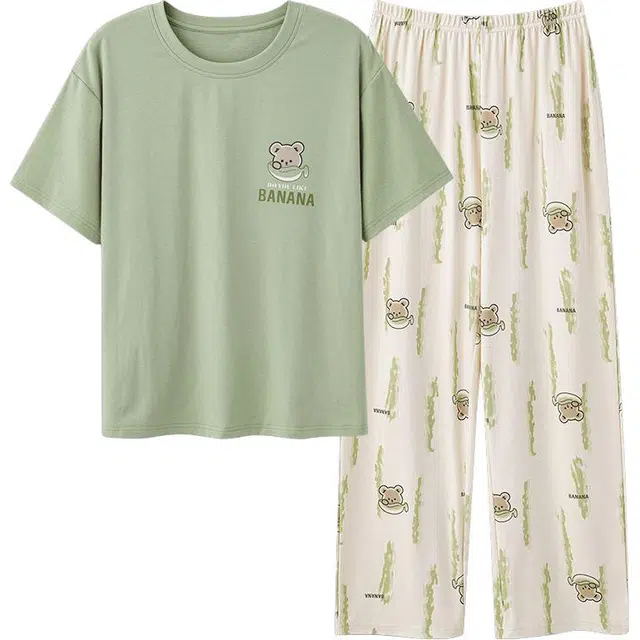 俏韵 圆领卡通夏季款舒适纯棉短袖长裤带胸垫甜美薄款凉感家居服可外穿睡衣套装 女款