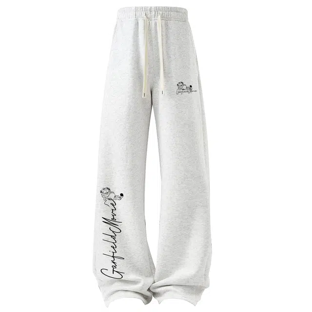 加菲猫家族 美式复古潮流艺术签名字体设计卡通动漫印花高街垂感慵懒风直筒阔腿松紧懒人系带日常通勤时尚百搭休闲裤 男女同款