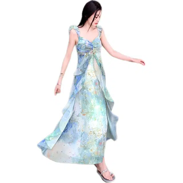 黛尔佳人 气质印花长裙百搭无袖吊带连衣裙 女款