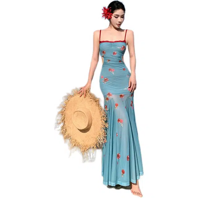 黛尔佳人 尼罗河花园海边度假蕾丝夏收腰显瘦包臀裙长裙吊带连衣裙 女款