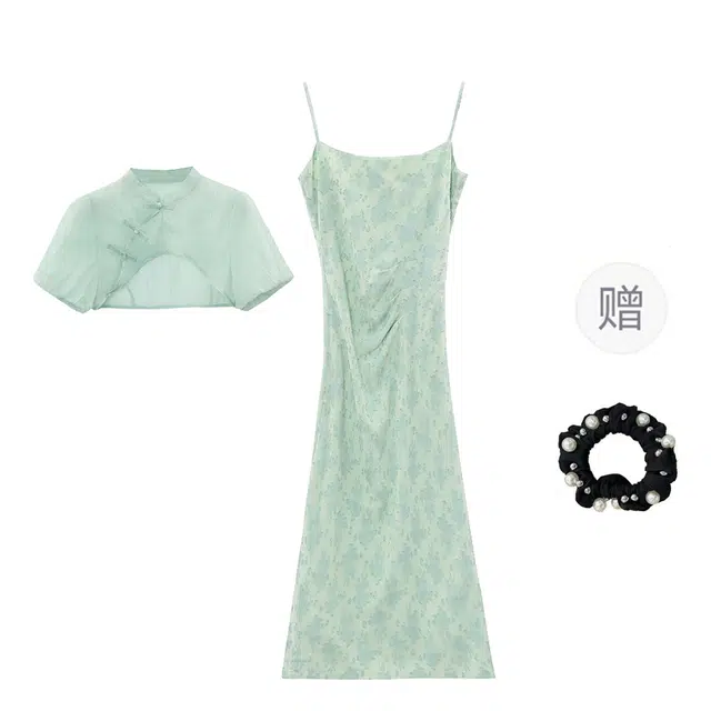 雾闪闪 新中式国风印花泡泡袖立领优雅气质收腰短袖连衣裙 女款