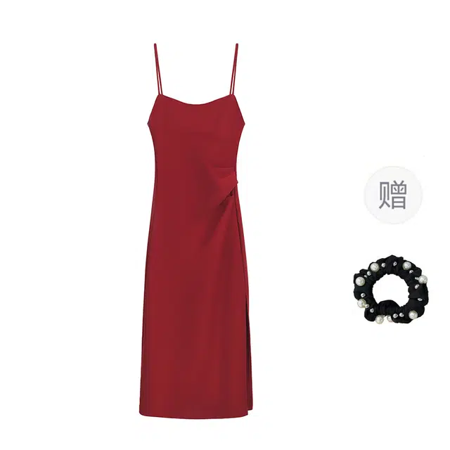 雾闪闪 褶皱设计修身纯色飞飞袖高腰吊带连衣裙 女款