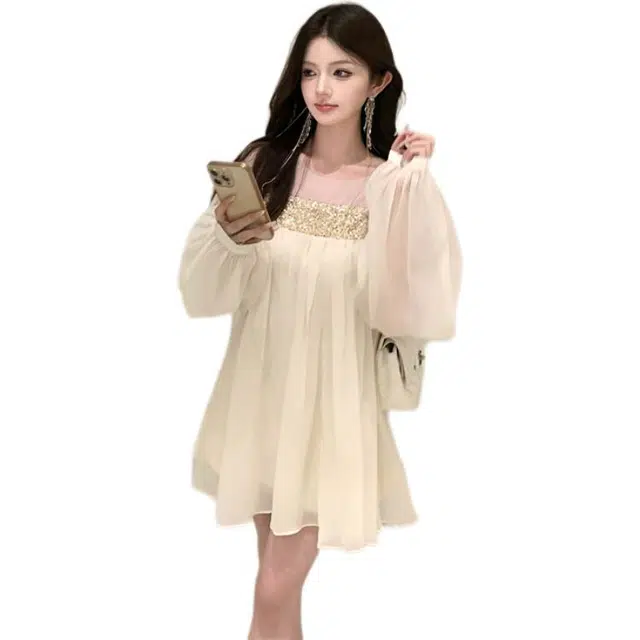 黛尔佳人 网纱亮片拼接宽松温柔短裙长袖连衣裙 女款