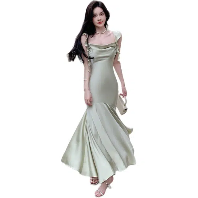 黛尔佳人 吊带缎面气质仙女鱼尾纯欲宴会长裙子无袖连衣裙 女款