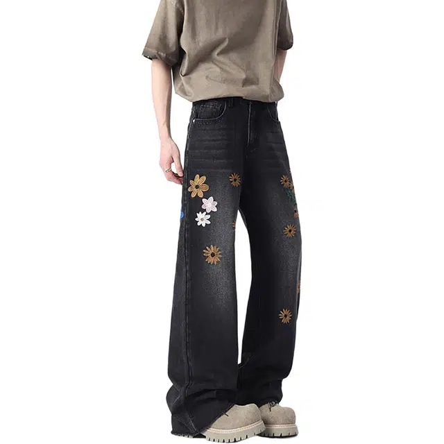 袋鼠 绣花小雏菊微喇设计感痞帅复古美式经典创意花卉牛仔裤 男女同款