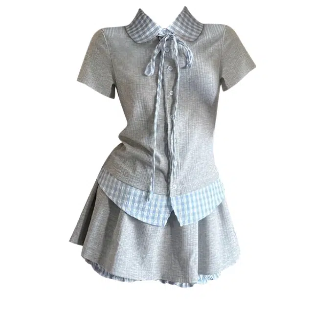 思蓓儿 甜辣风学院拼接格子短袖上衣女高腰短裙两件裙装套装 女款