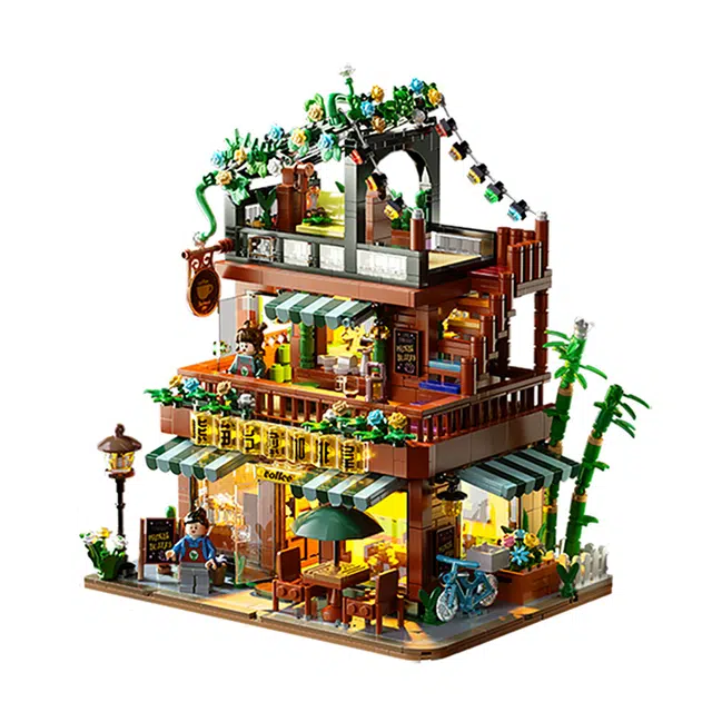 一合鸽 城市建筑咖啡屋积木兼容小颗粒积木益智街景玩具 拼装模型